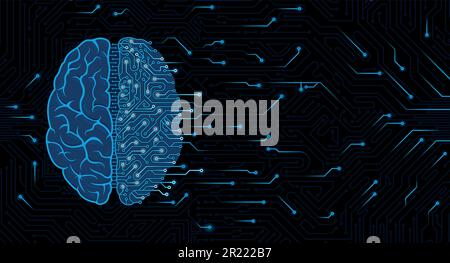 Blue brain top view half human, half machine brain with circuits on dark circuit board background. Artificial intelligence concept Stock Vector