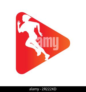 Running woman side view. vector illustration. inside the shape of play button pattern color. Stock Vector