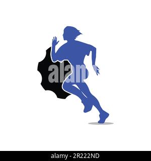 Running woman side view. vector illustration. with the icon of gear cog black and blue color. Stock Vector