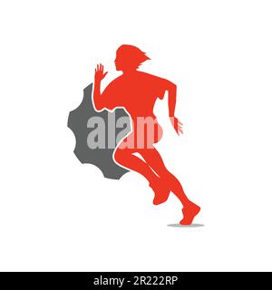 Running woman side view. vector illustration. with the icon of gear cog gray and orange color. Stock Vector