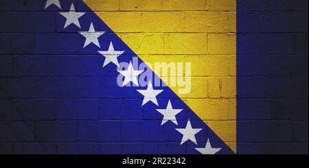 Flag of Bosnia and Herzegovina painted on a cinder block wall. Stock Photo