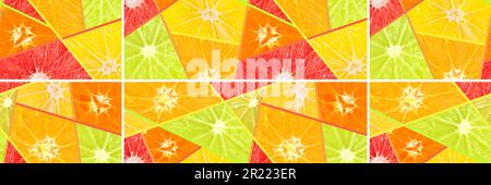 Wide seamless pattern fresh ripe sliced oranges, lemons, tangerines and grapefruits. Fruit background. Stock Photo