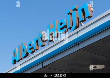 Albert Heijn lettering at branch. Albert Heijn is the largest supermarket chain in the Netherlands. Stock Photo