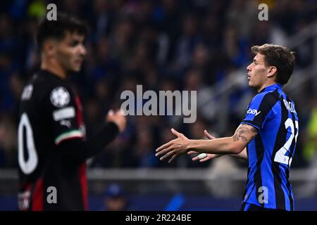 Milan, Italy. 16 May 2023. Nicolo Barella of FC Internazionale and Brahim Diaz of AC Milan are seen during the UEFA Champions League semifinal second leg football match between FC Internazionale and AC Milan. Credit: Nicolò Campo/Alamy Live News Stock Photo