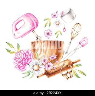 Composition of baking tools and flowers on a white background. Mixer, rolling pin, flowers isolated for logo design, corporate identity, business card Stock Photo