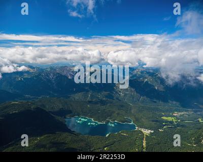Aerial view of the lake Eibsee and Garmisch-Partenkirchen as seen from the summit of Zugspitze mountain, summer Stock Photo