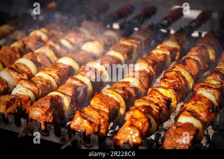 Shashlik or shashlyk (meaning skewered meat) was originally made of lamb.  Nowadays it is also made of pork or beef depending on local preferences and  Stock Photo - Alamy