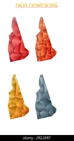Set of vector polygonal maps of New Hampshire. Bright gradient map of us state in low poly style. Multicolored New Hampshire map in geometric style fo Stock Vector