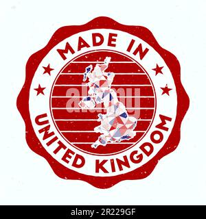 Made in United Kingdom. Country round stamp. Seal of United Kingdom with border shape. Vintage badge with circular text and stars. Stock Vector