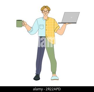 A businessman in hybrid clothes, a formal suit and home clothes with a laptop in his hands, against the backdrop of a working office and a homely cozy Stock Vector