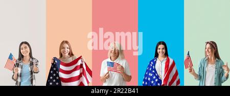 Many women with USA flags on color background Stock Photo