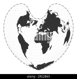 Vector world map. Bonne pseudoconical equal-area projection. Plain world geographical map with latitude and longitude lines. Centered to 0deg longitud Stock Vector