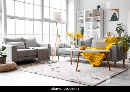 Interior of bright living room with cozy sofas near big window Stock Photo