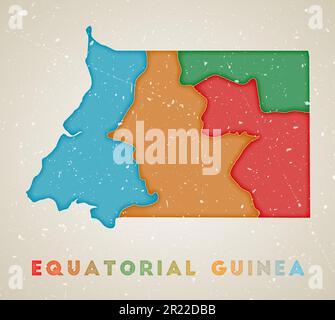 Equatorial Guinea map. Country poster with colored regions. Old grunge texture. Vector illustration of Equatorial Guinea with country name. Stock Vector