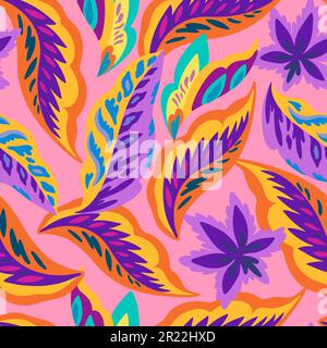 Colorful ornamental seamless pattern with simple abstract organic floral elements. Vibrant psychedelic vector illustration for design Stock Vector