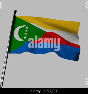 The Comoros flag 3D render on gray background shows a dynamic image of a waving cloth. Its four stripes represent the four main islands, while the gre Stock Photo