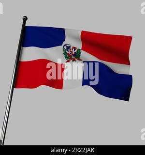 Dominican Republic flag 3D waving illustration on gray with a white cross, red and blue rectangles, and coat of arms. Colors represent freedom, indepe Stock Photo