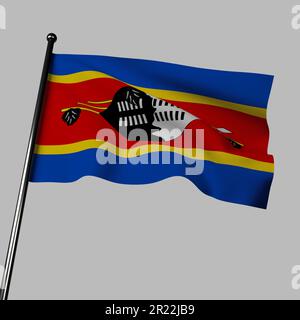 Eswatini flag waving on gray background, 3 horizontal stripes: blue for peace, yellow for mineral resources, and red for battles. Black and white shie Stock Photo