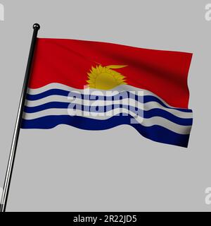 The Kiribati flag sways gently in the breeze in this 3D illustration against a neutral gray background. Its blue and white design represents the Pacif Stock Photo