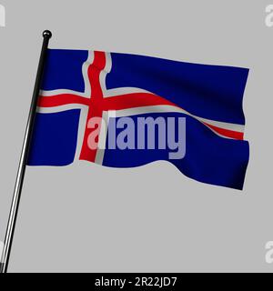 Icelandic flag waving on gray background in a 3D illustration. The flag has a blue cross with white borders on a red background. Blue symbolizes the o Stock Photo