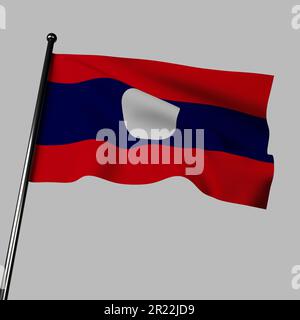 The Laos flag gracefully waves against a gray background in this 3D illustration. Its vibrant design symbolizes valor and peace, with red stripes repr Stock Photo