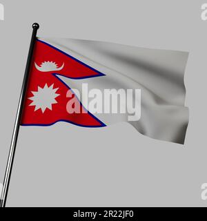 The flag of Nepal, a 3D illustration, waves on a gray background. Its crimson color represents courage, the blue border symbolizes peace, and the cres Stock Photo