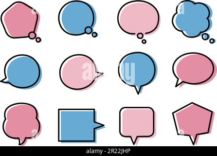 Set of blue and pink speech bubbles in various shapes, vector illustration. Stock Vector
