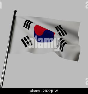 Illustration of South Korea's flag waving in the wind, isolated on a gray background. The flag features a red and blue Yin-Yang symbol, called Taeguk Stock Photo