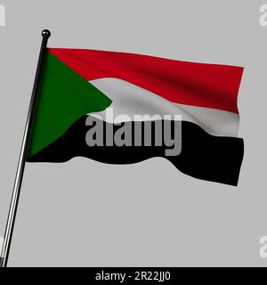 3D Sudan's flag waving in the wind, isolated on gray. The flag features horizontal bands of red, white, and black, with a green triangle on the hoist Stock Photo