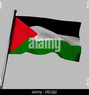 3D illustration of the flag of the State of Palestine waving in the wind, isolated on grey. Composed of horizontal bands of black, white and green, wi Stock Photo