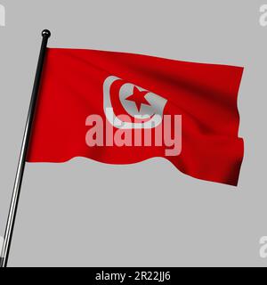 The flag of Tunisia gracefully waves in 3D, standing against a gray background. It features a red field with a white circle in the center Stock Photo