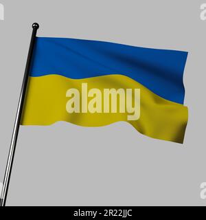 The flag of Ukraine waves proudly in 3D, against a gray background. It features two horizontal bands of blue and yellow Stock Photo