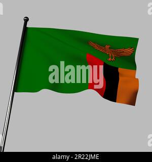 3D illustration of Zambia's flag waving against a gray background. The flag features a green field with an orange eagle in flight and 3 vertical band Stock Photo