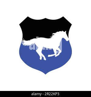 Horse running icon vector illustration inside a shape of shield black and blue color. Stock Vector