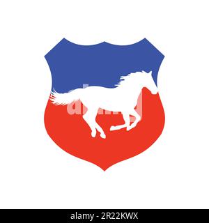Horse running icon vector illustration inside a shape of shield blue and red color. Stock Vector