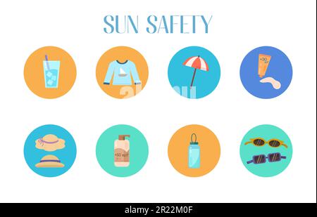 Sun protection set. Hand-drawn illustration of sun safety tips, creme and lotion, water bottle, sunglasses and hats. Vector isolated elements on a whi Stock Vector