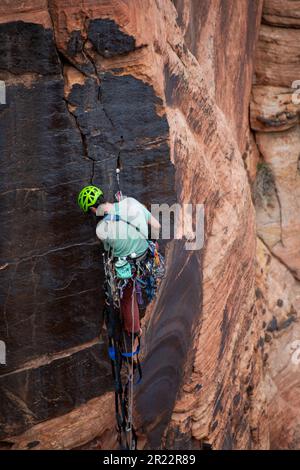 A rock climber spotted in Zion National Park Stock Photo