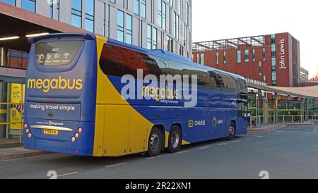 Megabus service - Making Travel Simple, in Liverpool One bus station, next to John Lewis, Merseyside, England, UK, Stock Photo