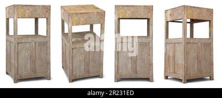 set of old and weathered bedside cupboard isolated on white background, interior wooden cabinet or furniture with faded painted surface, mockup templa Stock Photo