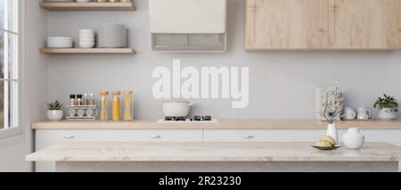 Close-up image of a copy space on beautiful marble white kitchen tabletop in minimalist white kitchen with kitchen appliances. 3d render, 3d illustrat Stock Photo
