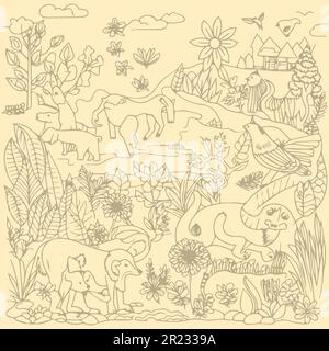 A sketch of a landscape with animals and birds seamless pattern. Stock Vector