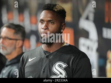 CLEVELAND, OH - MAY 22: Chicago White Sox center fielder Luis Robert Jr.  (88) singles during the first inning of the Major League Baseball game  between the Chicago White Sox and Cleveland