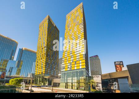 Las Vegas, Nevada, USA - October 1, 2021   Luxury Mandarin Oriental Residences, and Aria Resort and Casino in Downtown Las Vegas. Modern architecture, Stock Photo