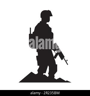 A silhouette of a soldier with a gun on his back vector illustration. Stock Vector