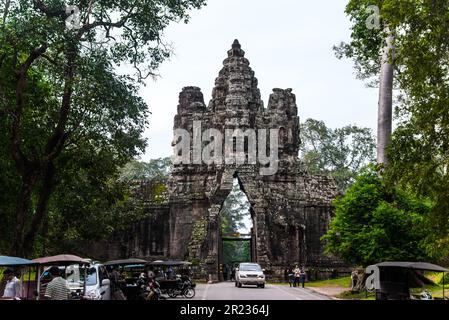 SIEM REAP, CAMBODIA - AUG 04, 2017: Stone Gate of Angkor Thom in Siem reap, Cambodia. Stock Photo