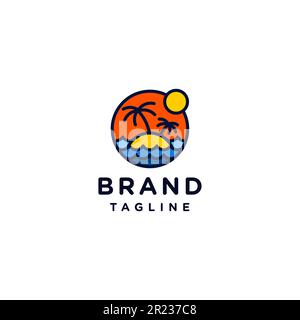Island scheme with coconut trees and outline of waves and sun in circles and minimalistic line design. Amazing logo template for travel agency. Stock Vector