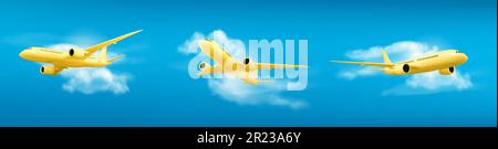 3d yellow airplane flying on blue sky landscape background with cloud, vector illustration, Realistic banner with blank passenger jet flight, bottom view, aviation concept or vacation trip ads mockup Stock Vector