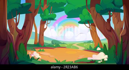 Cartoon summer forest and rainbow on horizon. Vector illustration of colorful landscape with green trees, grass and footpath running through field. Sunny blue sky with clouds. Fantasy game background Stock Vector