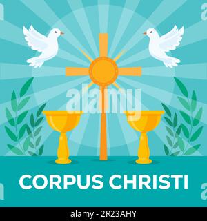 vector corpus christi illustration in flat design with cross, dove, and golden glass Stock Vector