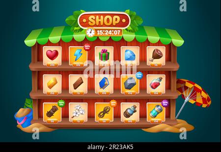 Cartoon game shop window with assets on wooden shelves. Vector illustration of gemstone, heart, gift box, golden bar, elixir bottle, magic capsule, cotton flower icons. User interface design elements Stock Vector